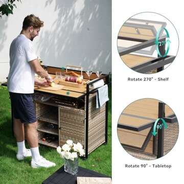 YITAHOME XL Outdoor Kitchen Wicker Island Rolling Cart Bar Table & Storage Cabinet, Wheels and Plastic Wood Extended Table Top, Double Handle for Patio Kitchen or Bar Cart,Light Yellow Gradient