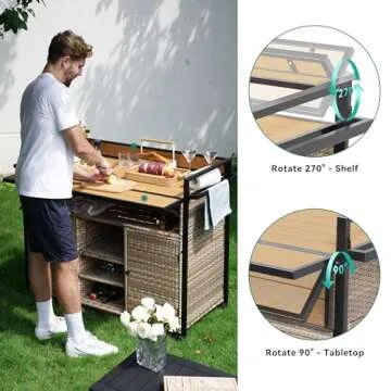 YITAHOME XL Outdoor Kitchen Wicker Island Rolling Cart Bar Table & Storage Cabinet, Wheels and Plastic Wood Extended Table Top, Double Handle for Patio Kitchen or Bar Cart,Light Yellow Gradient