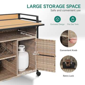 YITAHOME XL Outdoor Kitchen Wicker Island Rolling Cart Bar Table & Storage Cabinet, Wheels and Plastic Wood Extended Table Top, Double Handle for Patio Kitchen or Bar Cart,Light Yellow Gradient
