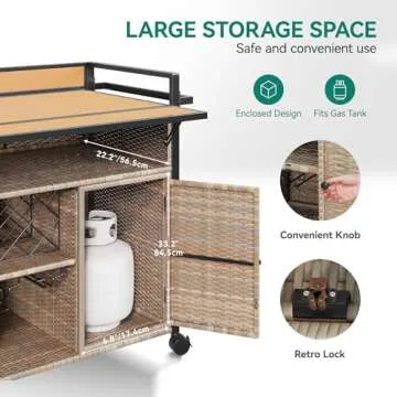 YITAHOME XL Outdoor Kitchen Wicker Island Rolling Cart Bar Table & Storage Cabinet, Wheels and Plastic Wood Extended Table Top, Double Handle for Patio Kitchen or Bar Cart,Light Yellow Gradient