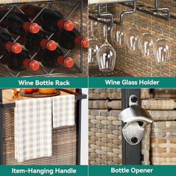 YITAHOME XL Outdoor Kitchen Wicker Island Rolling Cart Bar Table & Storage Cabinet, Wheels and Plastic Wood Extended Table Top, Double Handle for Patio Kitchen or Bar Cart,Light Yellow Gradient