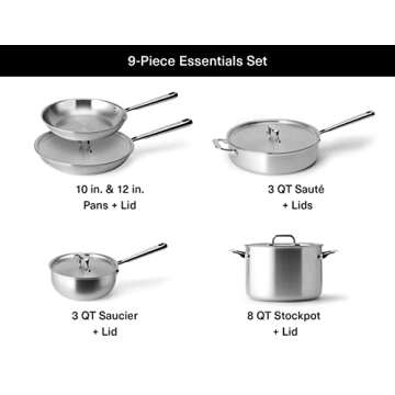 Misen 5-Ply Stainless Steel Cookware Set: 3 QT Stainless Steel Saucier with Lid, 3 QT Saute Pan with...