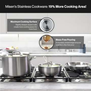 Misen 5-Ply Stainless Steel Cookware Set: 3 QT Stainless Steel Saucier with Lid, 3 QT Saute Pan with Lid & 10" Frying Pan - Excellent Searing, Sauteing & Everyday Cooking 9-Piece Set