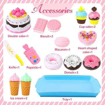 LOVESTOWN Pretend Desserts Food Toy, 15 PCS Play Food Desserts Set for Kids Kitchen, Play Dounts for Toddlers,Toy Food Ice Cream Cupcake Baking Plastic Play Food for Girls Boys Birthday Gift