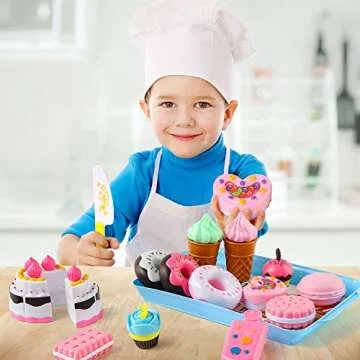 LOVESTOWN Pretend Desserts Food Toy, 15 PCS Play Food Desserts Set for Kids Kitchen, Play Dounts for Toddlers,Toy Food Ice Cream Cupcake Baking Plastic Play Food for Girls Boys Birthday Gift