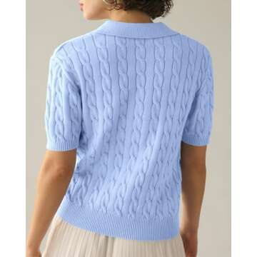 Imily Bela Women's Cable Short Sleeve Sweaters Tops Solid Lapel V Neck Knit Casual Soft Pullover Shirt Light Blue