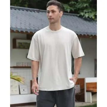 Men's Cotton T-Shirts Oversized Unisex Short Sleeves Casual Loose Wash Solid Basic Tee Tops(Beige S)