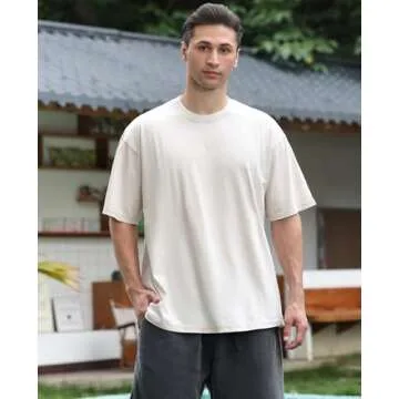 Men's Cotton T-Shirts Oversized Unisex Short Sleeves Casual Loose Wash Solid Basic Tee Tops(Beige S)