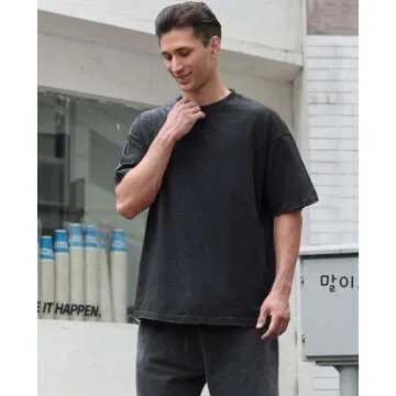 Men's Cotton T-Shirts Oversized Unisex Short Sleeves Casual Loose Wash Solid Basic Tee Tops(Beige S)