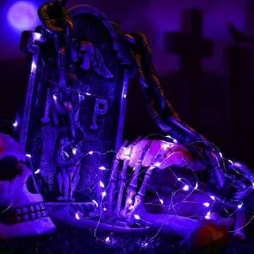 BrizLabs Purple Halloween Lights, 19.47ft 60 LED Purple Fairy Lights, 2 Modes Battery Halloween String Light, Indoor Silver Wire Halloween Twinkle Lights for Halloween Themed Party Carnival Decoration