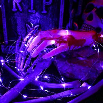 BrizLabs Purple Halloween Lights, 19.47ft 60 LED Purple Fairy Lights, 2 Modes Battery Halloween String Light, Indoor Silver Wire Halloween Twinkle Lights for Halloween Themed Party Carnival Decoration