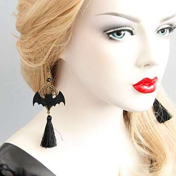 Black Bat Tassel Earrings for Women, Punk Gothic Lolita Retro Jewelry Halloween Party