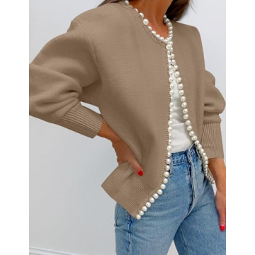 Stylish Open Front Cardigan with Pearl Detail - ZESICA