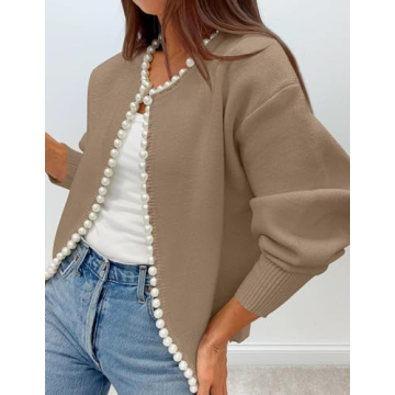 Stylish Open Front Cardigan with Pearl Detail - ZESICA