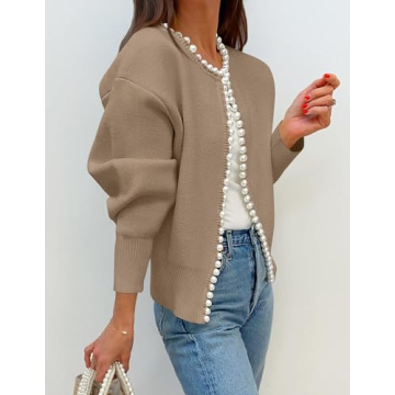 Stylish Open Front Cardigan with Pearl Detail - ZESICA