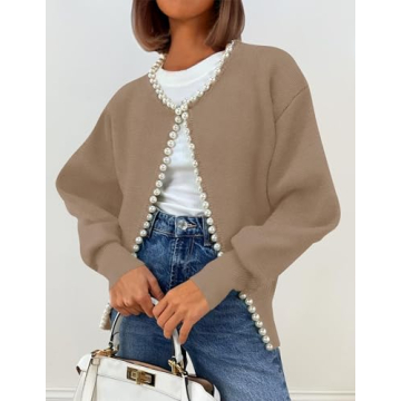 Stylish Open Front Cardigan with Pearl Detail - ZESICA
