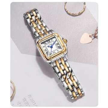 FANMIS Women Vintage Square Watches Updated Luxury Ladies Quartz Wrist Watches Stainless Steel Band Women Waterproof Small Gold Watch Luxury Casual Fashion Bracelet (Gold Silver)