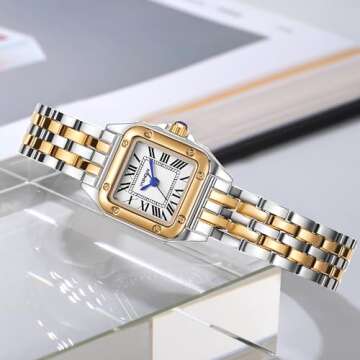 FANMIS Women Vintage Square Watches Updated Luxury Ladies Quartz Wrist Watches Stainless Steel Band Women Waterproof Small Gold Watch Luxury Casual Fashion Bracelet (Gold Silver)