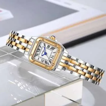 FANMIS Women Vintage Square Watches Updated Luxury Ladies Quartz Wrist Watches Stainless Steel Band Women Waterproof Small Gold Watch Luxury Casual Fashion Bracelet (Gold Silver)