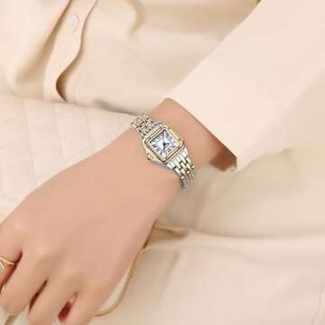 FANMIS Women Vintage Square Watches Updated Luxury Ladies Quartz Wrist Watches Stainless Steel Band Women Waterproof Small Gold Watch Luxury Casual Fashion Bracelet (Gold Silver)