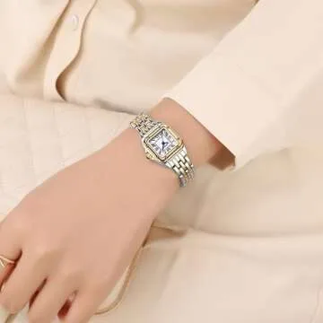 FANMIS Women Vintage Square Watches Updated Luxury Ladies Quartz Wrist Watches Stainless Steel Band Women Waterproof Small Gold Watch Luxury Casual Fashion Bracelet (Gold Silver)