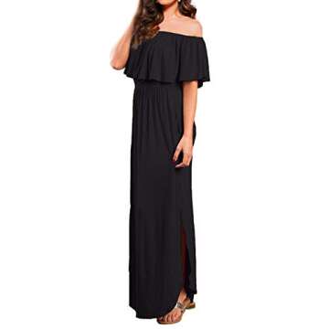 VERABENDI Women's Off Shoulder Summer Casual Long Ruffle Beach Maxi Dress with Pockets (X-Small, Black)