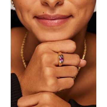 PAVOI 14K Yellow Gold Plated Chunky Colored Gemstones Statement Ring for Women | Pear Cubic Zirconia Stackable Wave Texture Bands | Green CZ Ring (Sizes 5)