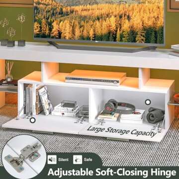 Clikuutory Modern LED 63 inch Long TV Stand with Large Storage Drawer for 50 55 60 65 70 75 Inch TVs, White Wood TV Console with High Glossy Entertainment Center for Living Room, Bedroom, White