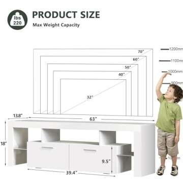 Clikuutory Modern LED 63 inch Long TV Stand with Large Storage Drawer for 50 55 60 65 70 75 Inch TVs, White Wood TV Console with High Glossy Entertainment Center for Living Room, Bedroom, White