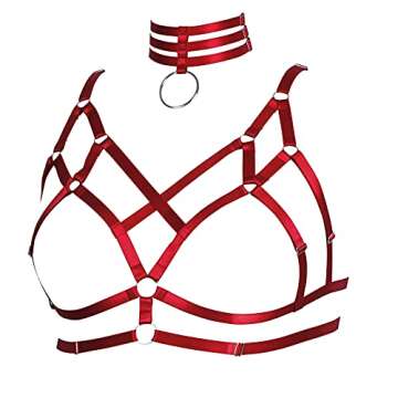 Women's Harness Bra Plus Size Lingerie cage Punk Gothic Belt Festival Rave Stretchy Fabric Adjustable Size Accessories (Wine Red)