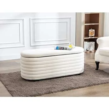 LZAREAL 45.5 Inch Storage Ottoman Bench Upholstered Faux Fur Bedroom Benches for Living Room/Bedroom & Hallway, Tufted Foot of Bed Bench Footrest Stool with Foam Padded Seat, Fur White
