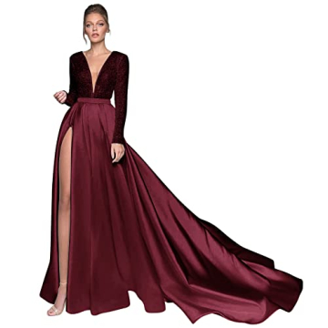 SHLFETWLUA Burgundy Sequin Long Sleeve Prom Dress 2024 Satin V Neck Slit Formal Evening Gowns for Wo...