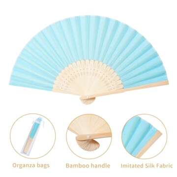 Sepwedd 50pcs Blue Imitated Silk Fabric Bamboo Folded Hand Fan Bridal Dancing Props Church Wedding p...
