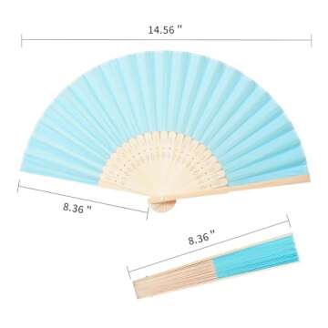Sepwedd 50pcs Blue Imitated Silk Fabric Bamboo Folded Hand Fan Bridal Dancing Props Church Wedding party favors with Organza Bags