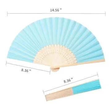 Sepwedd 50pcs Blue Imitated Silk Fabric Bamboo Folded Hand Fan Bridal Dancing Props Church Wedding party favors with Organza Bags
