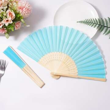 Sepwedd 50pcs Blue Imitated Silk Fabric Bamboo Folded Hand Fan Bridal Dancing Props Church Wedding party favors with Organza Bags