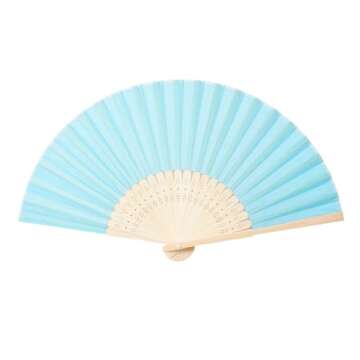 Sepwedd 50pcs Blue Imitated Silk Fabric Bamboo Folded Hand Fan Bridal Dancing Props Church Wedding party favors with Organza Bags