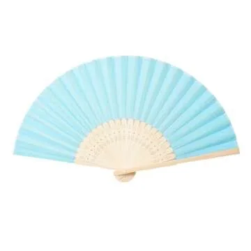 Sepwedd 50pcs Blue Imitated Silk Fabric Bamboo Folded Hand Fan Bridal Dancing Props Church Wedding party favors with Organza Bags