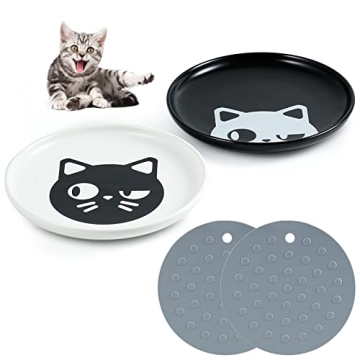 Kitwinney Cat Bowls, 2 Pack 6" Ceramic Cat Dishes with Nonslip Mats, Whisker Friendly Kitten Food Bo...