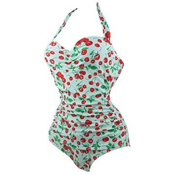 COCOSHIP 50s Retro Light Aqua Vintage Flattering Cherry Print One Piece Swimsuit Bathing Suit 4XL(US14)