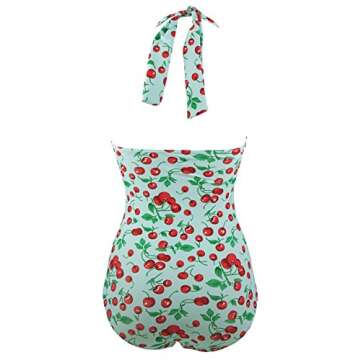 COCOSHIP 50s Retro Light Aqua Vintage Flattering Cherry Print One Piece Swimsuit Bathing Suit 4XL(US14)