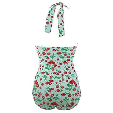 COCOSHIP 50s Retro Light Aqua Vintage Flattering Cherry Print One Piece Swimsuit Bathing Suit 4XL(US14)