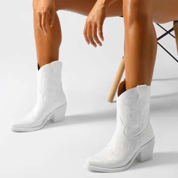 wetkiss White Cowgirl Boots for Women Cowboy Boots White Boots Booties White Western Boots Booties for Women Short Ankle Cowboy Boots Mid Calf Cowgirl Cowboy Booties Boots