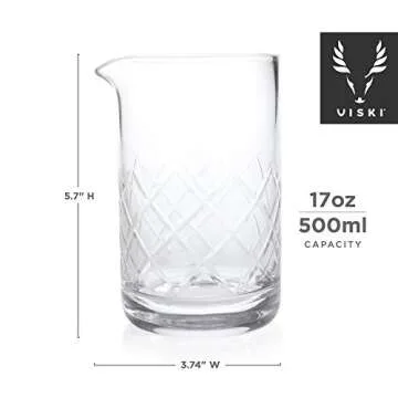 Viski Cocktail Mixing Glass 17 Oz. Crystal Pitcher Thick Base Design Bartending Glasses - Barware Essentials