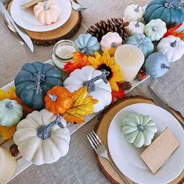 24 Pcs Bulk Assorted Rustic Harvest Artificial Pumpkins Foam Pumpkin in White Orange Green Teal for Fall Autumn Halloween Decoration Thanksgiving Party Home Kitchen Decor Baby Shower Wedding