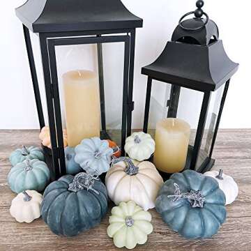 24 Pcs Bulk Assorted Rustic Harvest Artificial Pumpkins Foam Pumpkin in White Orange Green Teal for Fall Autumn Halloween Decoration Thanksgiving Party Home Kitchen Decor Baby Shower Wedding