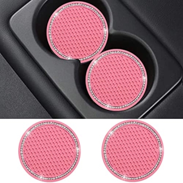Bling Car Coasters for Women - Pink PVC Auto Cup Holder Insert with Anti-Slip Design (Pack of 2)