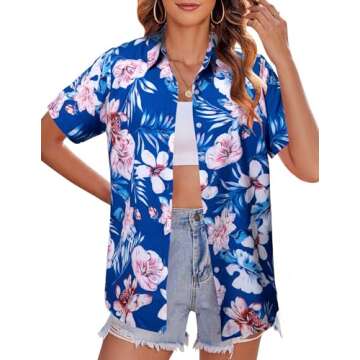 MYHALF Women Hawaiian Shirt Soft Cool Summer Hawaii Shirts Floral Tropic Print V Neck T-Shirt Short Sleeve Button Up Tops