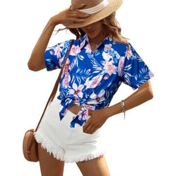 MYHALF Women Hawaiian Shirt Soft Cool Summer Hawaii Shirts Floral Tropic Print V Neck T-Shirt Short Sleeve Button Up Tops