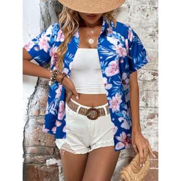 MYHALF Women Hawaiian Shirt Soft Cool Summer Hawaii Shirts Floral Tropic Print V Neck T-Shirt Short Sleeve Button Up Tops